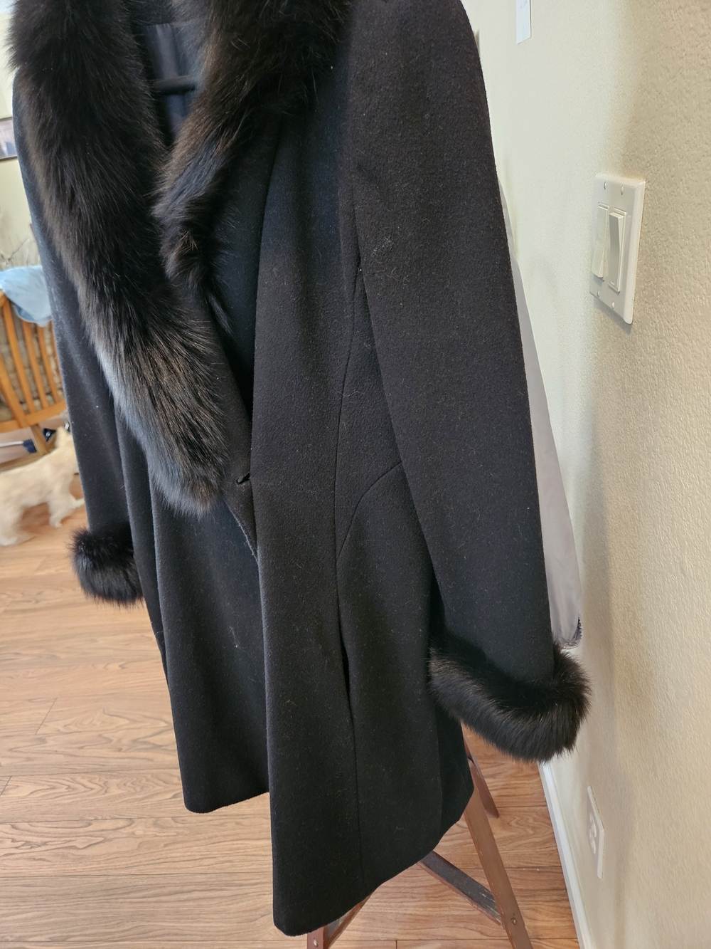 Black Wool Pea Coat with Fur Trim